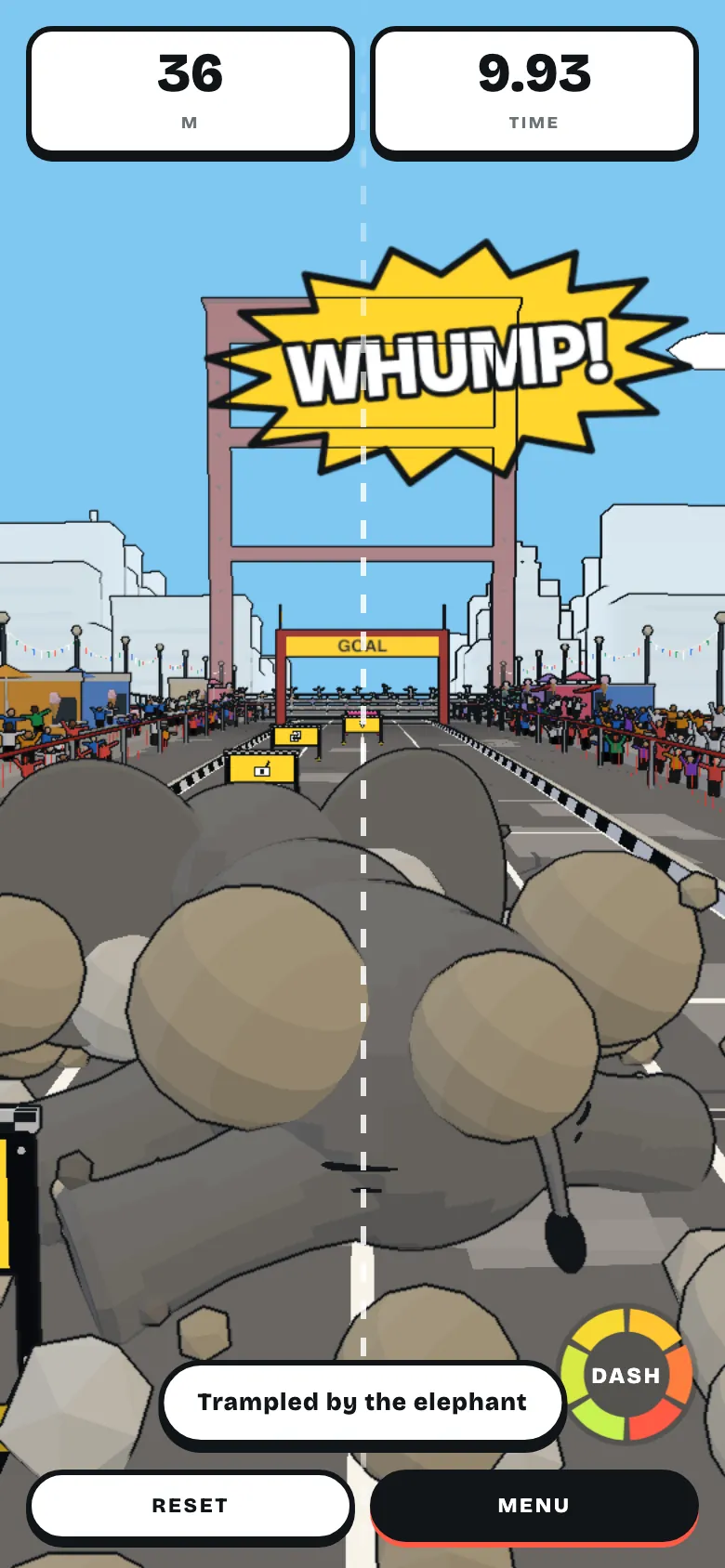 A big elephant has just landed on the track with a yellow WHUMP burst, and the runner is trampled