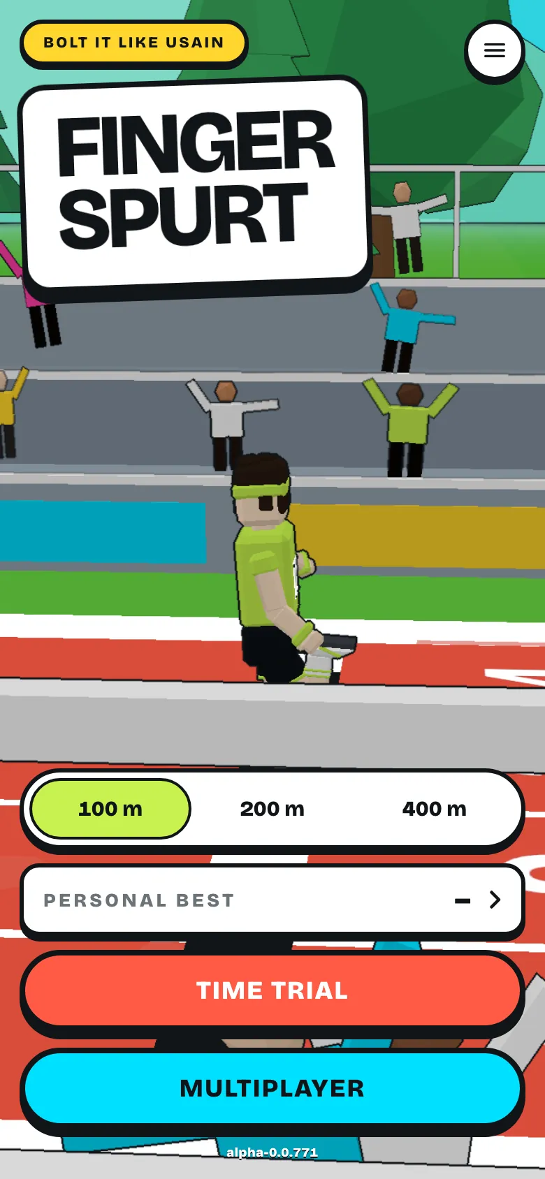 Fingerspurt menu with the logo, a runner at the start and a choice between 100, 200 and 400 metres