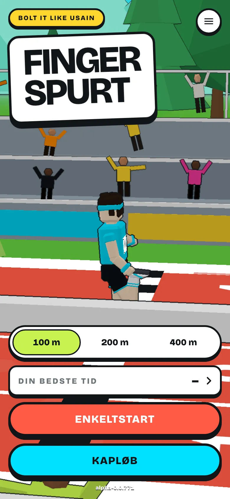 Fingerspurts menu med logoet, en løber i startposition og valg mellem 100, 200 og 400 meter