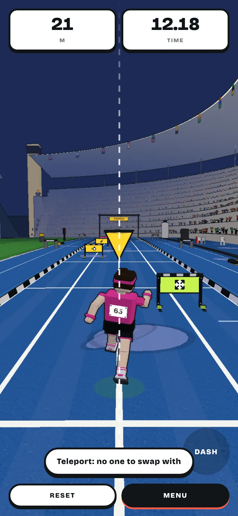 A runner on a blue stadium track with a yellow hurdle ahead and a teleport message at the bottom